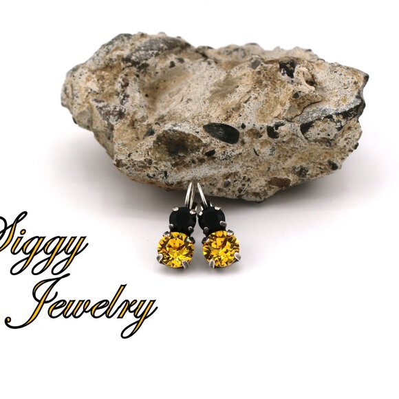 Double Drop Earrings made with Genuine Swarovski Crystals, Yellow and Black - Picture 5 of 8